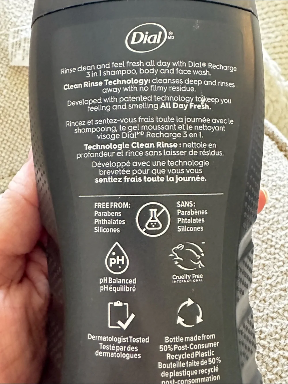 Dial Men Recharge 3-in-1 Body Wash, Hair & Face Cleanser – Cedar Leaf Scent, 16